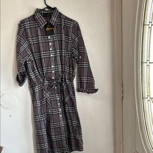 Glamour Black and White Notched Collar Shirt Dress with Tie Front